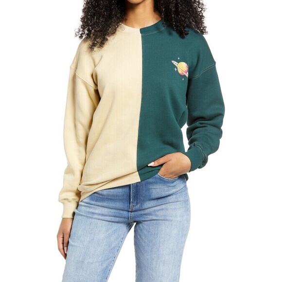 BP. NEW $39 Colorblock Crewneck Sweatshirt Tan Green Planet Small - Picture 1 of 3